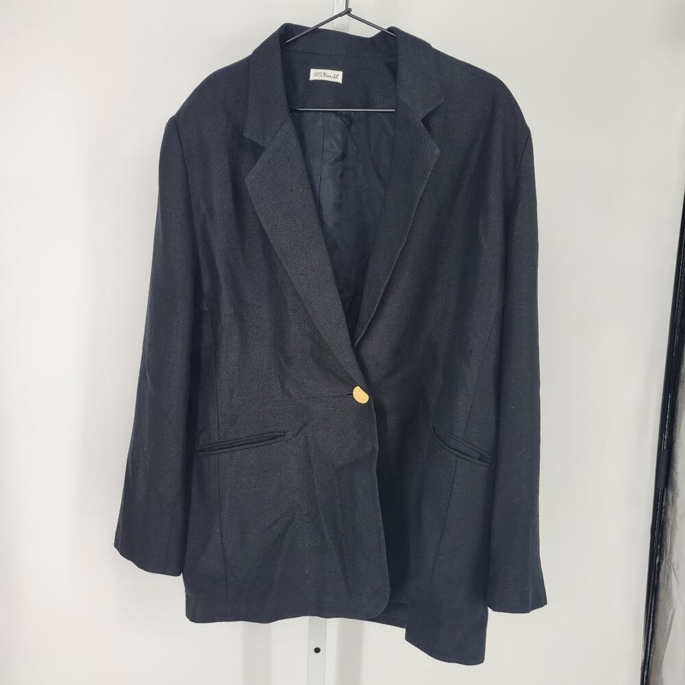 Vintage Womens Sz XXL 100% Woven Silk Single Button Suit Blazer Jacket Black